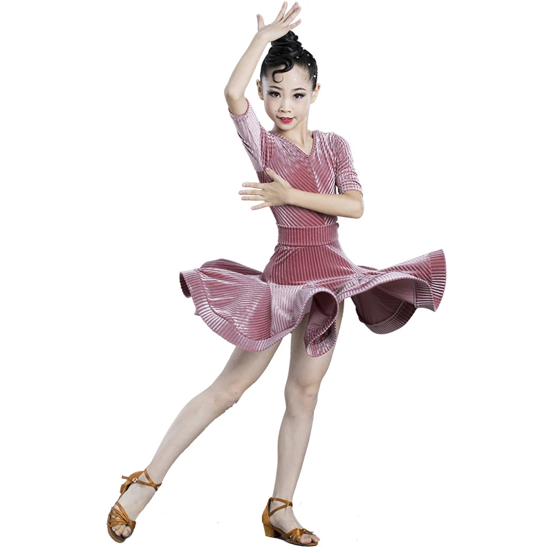 

Kids Dresses Girls Short Sleeve V-neck Latin Dance Dress Velvet Ballroom Competition Party Stage Performance Practice Costumes