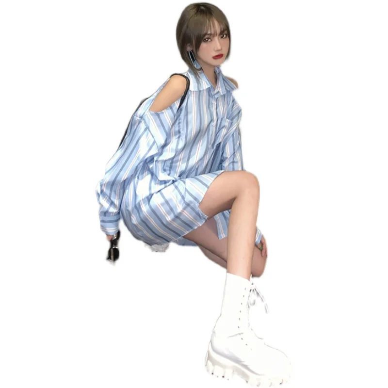 

2021 Spring Autumn Woman Fashion Shirt Wild Chiffon Shoulder Loose Slim Striped Long Sleeve Strapless Blouse Thin Light LX0036