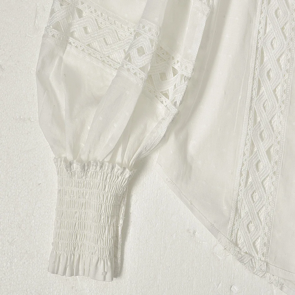

White Blouse Women Lace Hollow out Lantern Sleeve Single Breasted 2021 New Ladies Shirts Spring Summer