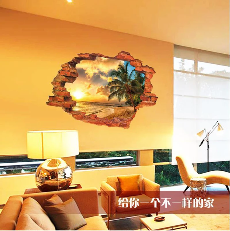 

3D BrokenSunset Scenery Seascape Island Wall Sticker living room bedroom removable backdrop home decoration decals art Stickers