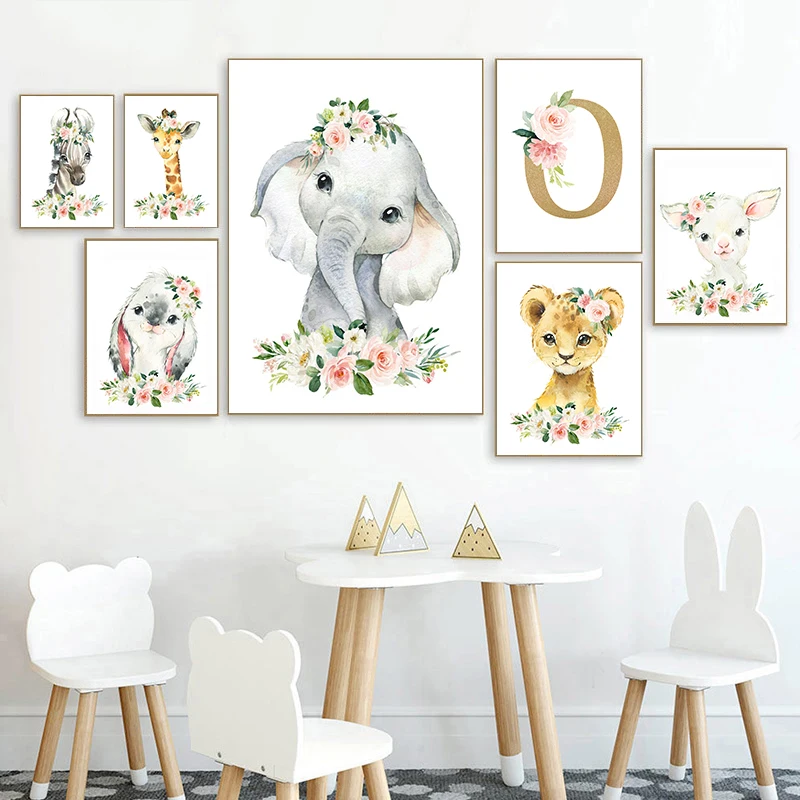 

Baby Nursery Animal Canvas Wall Art Print Elephant Giraffe Lion Decoration Painting For Kid Bedroom Custom Name positive Picture
