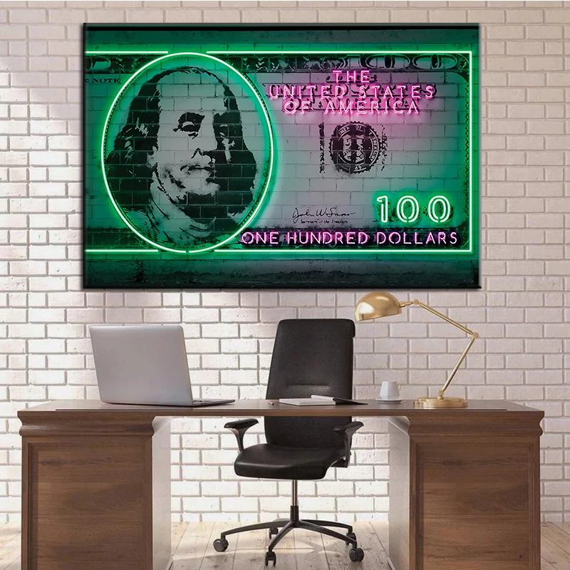 Motivational Dollar Neon Lights Posters and Prints Abstract 5/20/50/100 Canvas Painting Wall Art for Bedroom Office Decor | Дом и сад