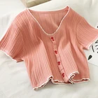 Топ женский трикотажный на пуговицах, с V-образным вырезом и коротким рукавом