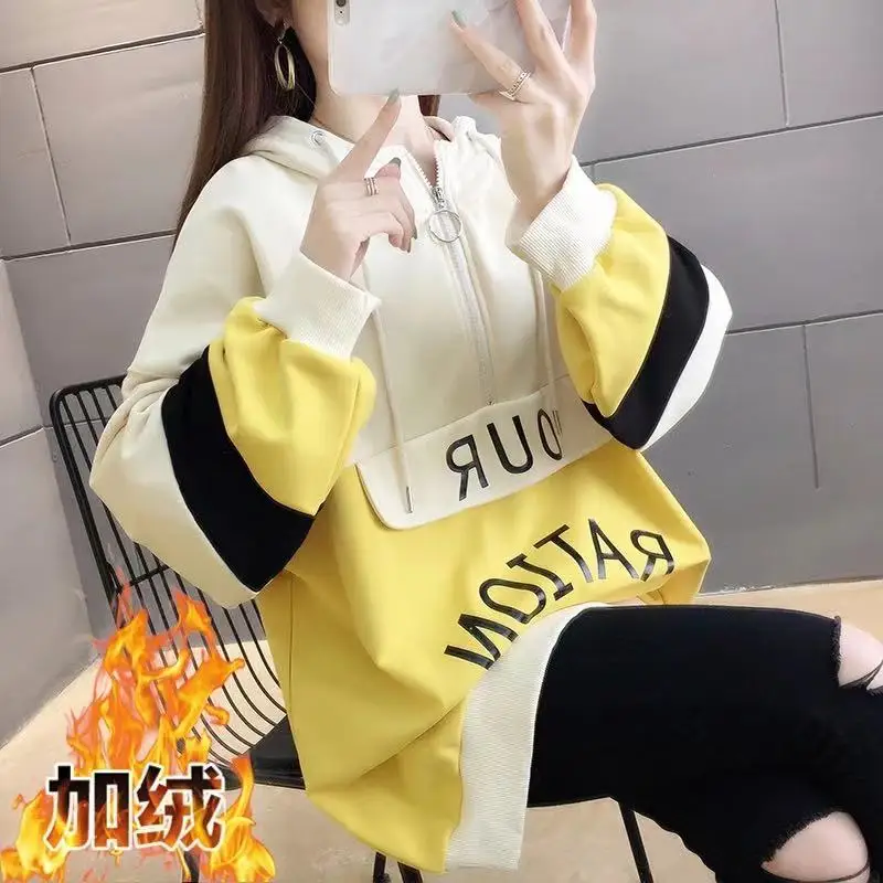 

Large Plus Size Add Fleece Loose Girls Casual Women Clothes Turtleneck Tops Long Sleeve Warm Hoodies For Teen Lady Long Hoody