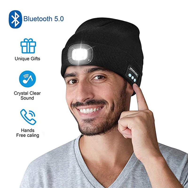 

Bluetooth LED Lighted Beanie Cap Built-in Stereo Speakers USB Charging Wireless Smart Cap Rechargeable LED Lighted Knit Cap