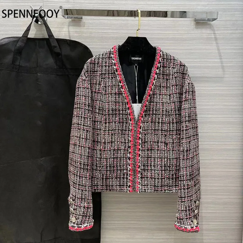 

SPENNEOOY Designer Brand Autumn Camellia Jacquard Silk Lining Jackets Coat Women V-Neck Plaid Tweed Weave Overcoat Outwear