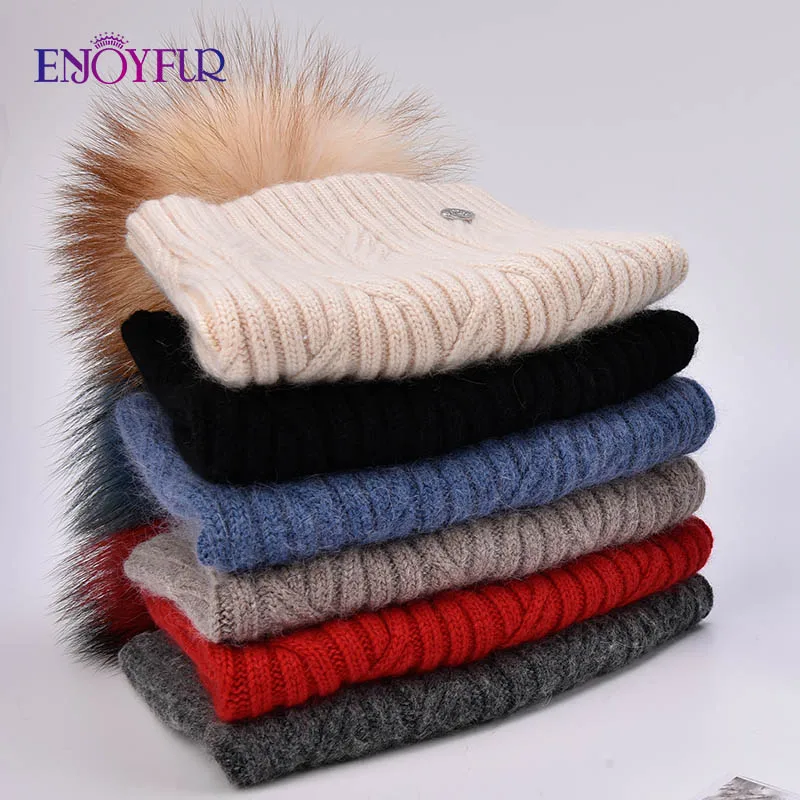 Женские вязаные кашемировые шапки ENJOYFUR, связанные узором «цепочка» шапки с помпоном, для осени и зимы
