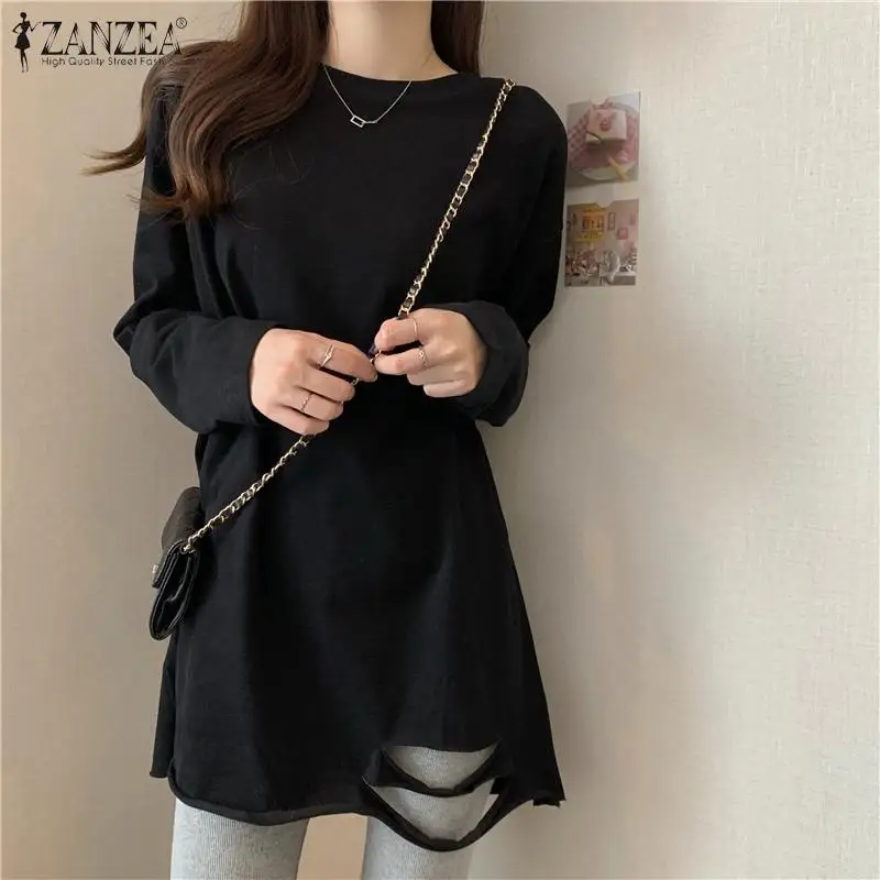 

ZANZEA Fashion Vintage Long Sleeve O Neck Blouse Women Casual Baggy Solid Chemise Femme Tunic Tops Blusa Outwear Shirt Oversized