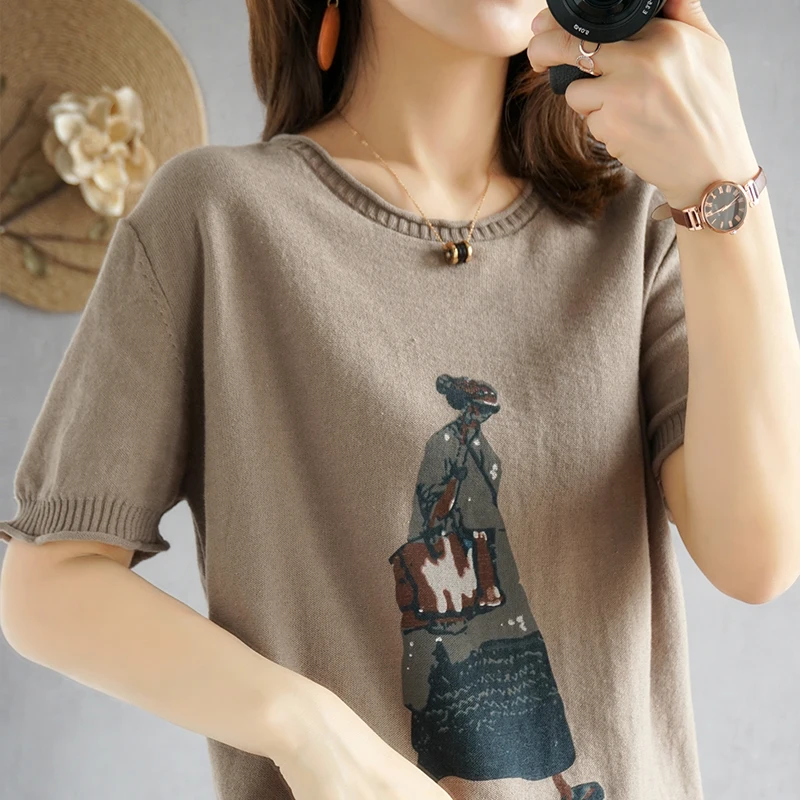 

2021 Summer New Round Neck T-Shirt Pure Cotton Short-Sleeved Women Knit Large Size Printing Half-Sleeved Fashion Loose Wild Top