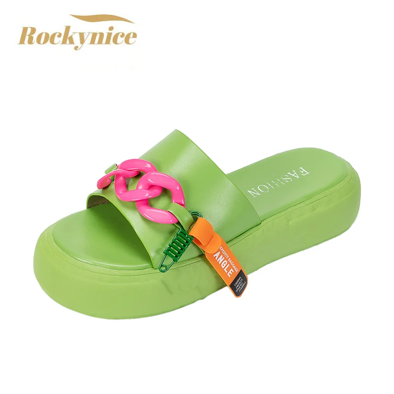 

Summer Women Slippers Chain Flip-Flops Beach Shoes New Ladies Flat Heels Shoes Woman Platform Slippers White Outside Sandals 4cm