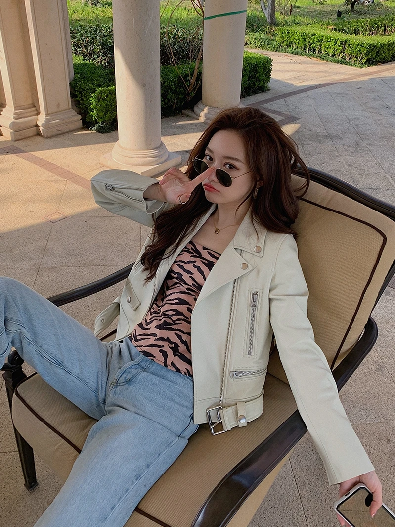 Винтажная белая женская Байкерская кожаная куртка Reall пальто из овечьей шкуры на