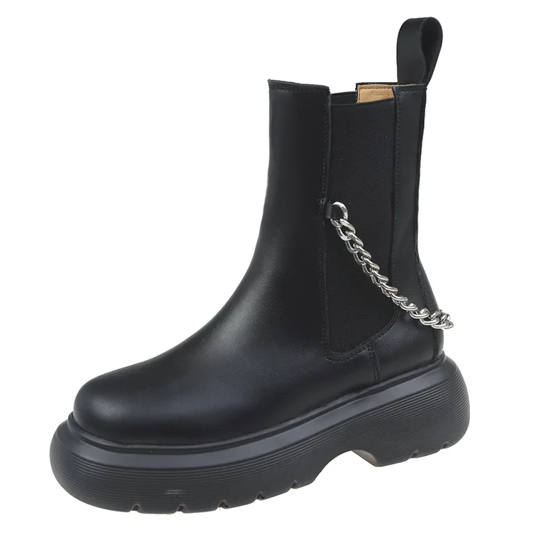 Elastic Chelsea Boots Women Fashion Metal Chain Punk Black Boots Female Casual Shoes High Top Ankle Shoes Thick Bottom