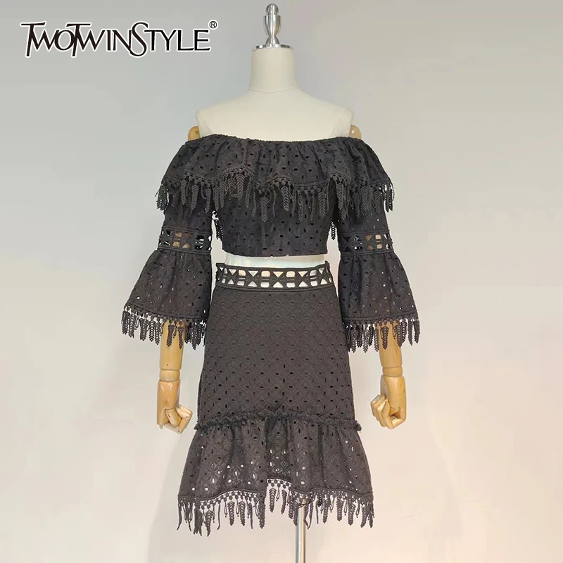 

TWOTWINSTYLE Hollow Out Vintage Two Piece Set For Women Slash Neck Flare Sleeve Top High Waist Mini Skirts Solid Sets Female New