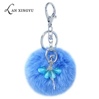 new creative alloy ballet girl hairy ball keychain girl bag dancing girl plush pendant car alloy key chain small gift
