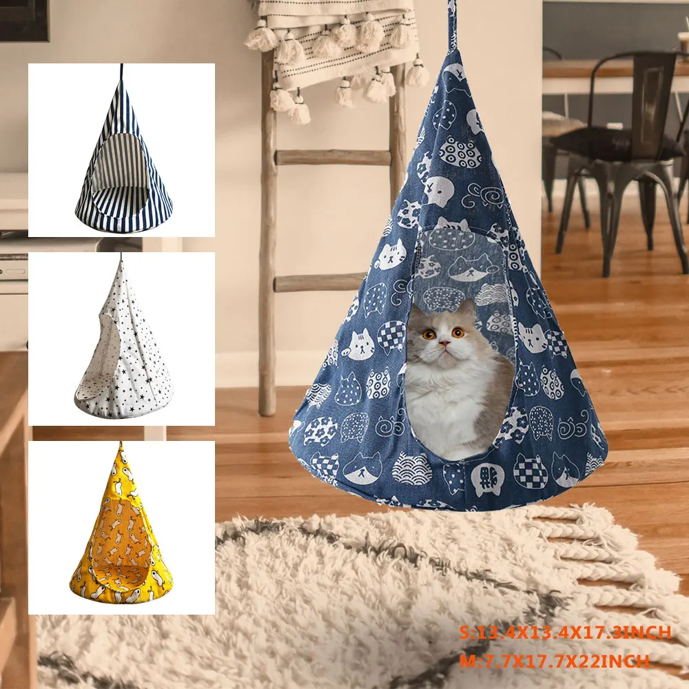 Pet Cat Tent Hammock Cat Removable Hanging House Bed Cone Shape Breathable Linen Sponge Cage Cover Creative Cat Mat Pet Supplies