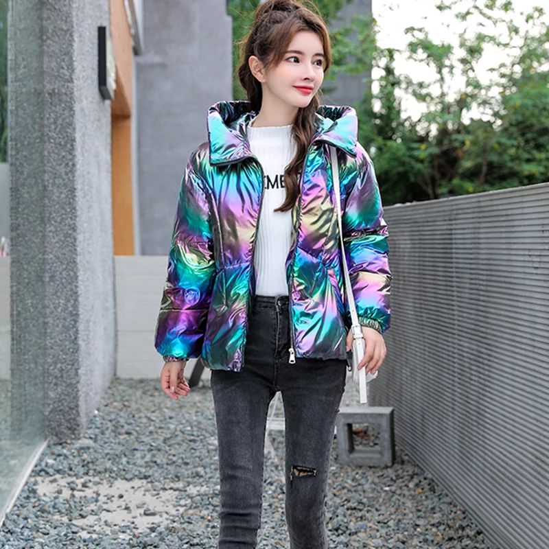 

Winter Jacket Women Fashionable Thickened Dazzling Colors Bright Short Coat Hooded Super Warm Fluffy Thick Warm Outwear