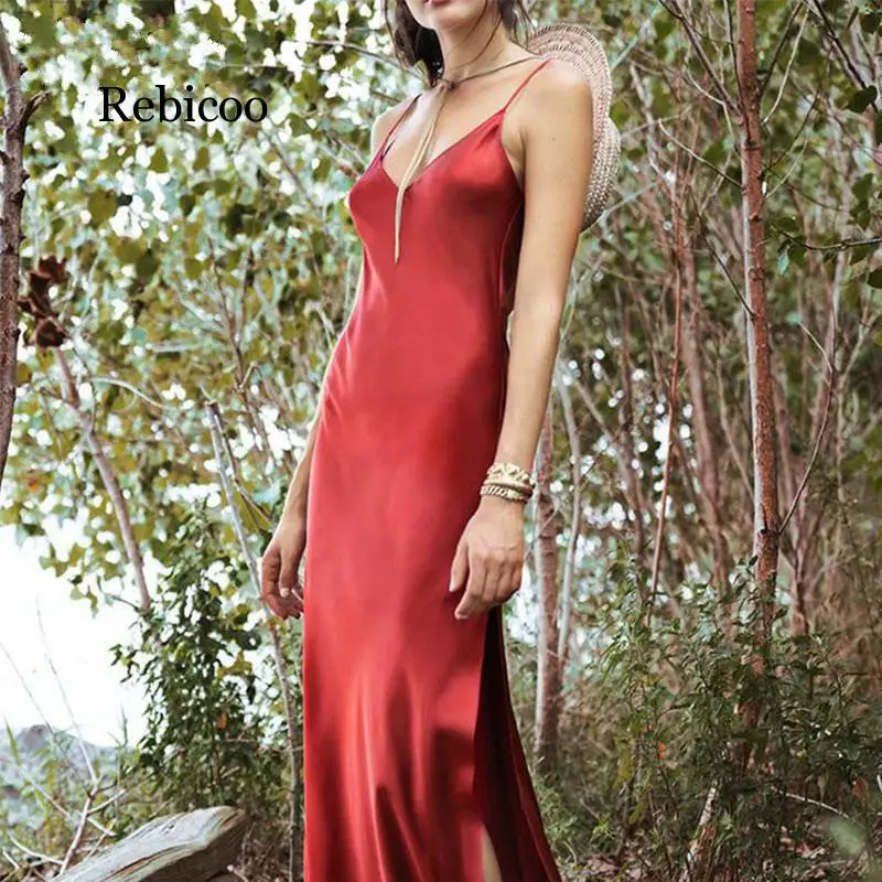 

Forefair Sexy Maxi Satin Dress Summer Women Slit V Neck High Waist Off Shoulder Black Red Slip Silk Long Dress Party Club