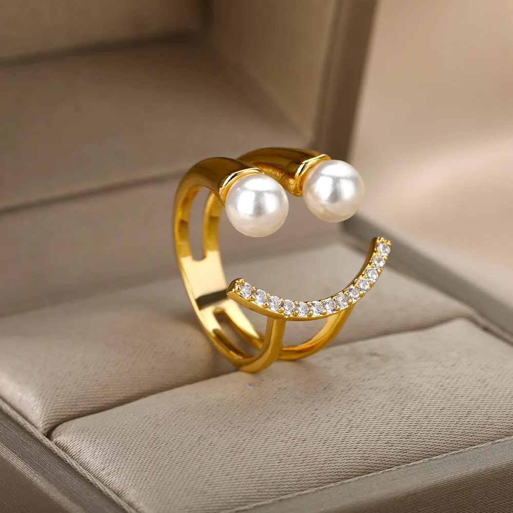 

RXSMll Zicron Smiley Rings For Women Gold Sliver Color Stainless Steel Double Layer Adjustable Open Ring Wedding Party Jewelry