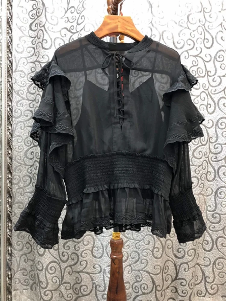 

Top Quality Designer Blouse Shirts 2020 Summer Style Women Sexy Cross String Ruffle Deco Long Sleeve White Black Sexy Shirts