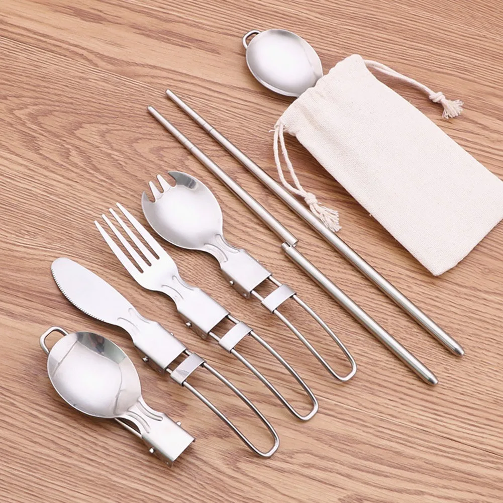 

Stainless Steel Foldable Camping Spoon Fork Chopsticks Flatware Utensil Set+Bag Portable Camping BBQ Tableware Kit