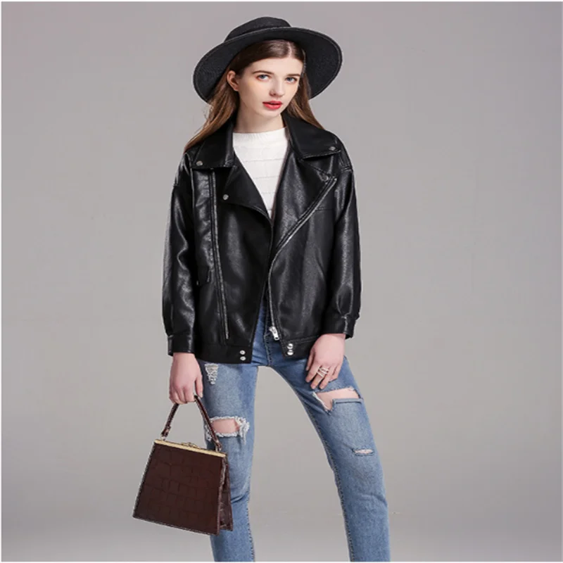 

2021 Casual Loose Drop Shoulder Short Ladies Motorcycle Leather Jacket