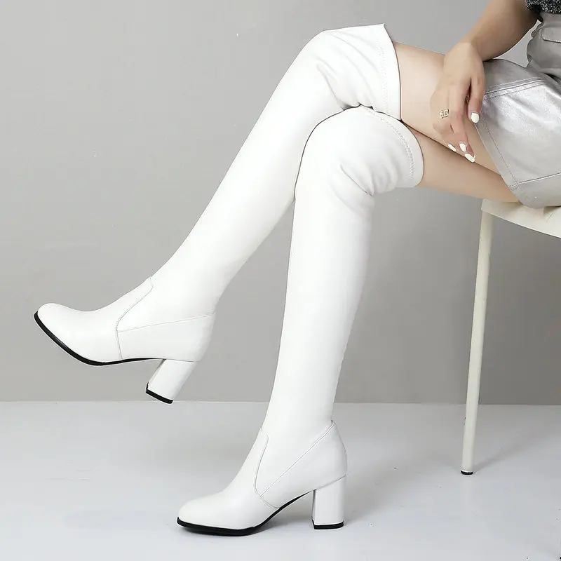 

Женские эластичные сапоги до колена, сапоги на толстом высоком каблуке, без застежки, большие размеры 42 43, для осени и зимы, 2021