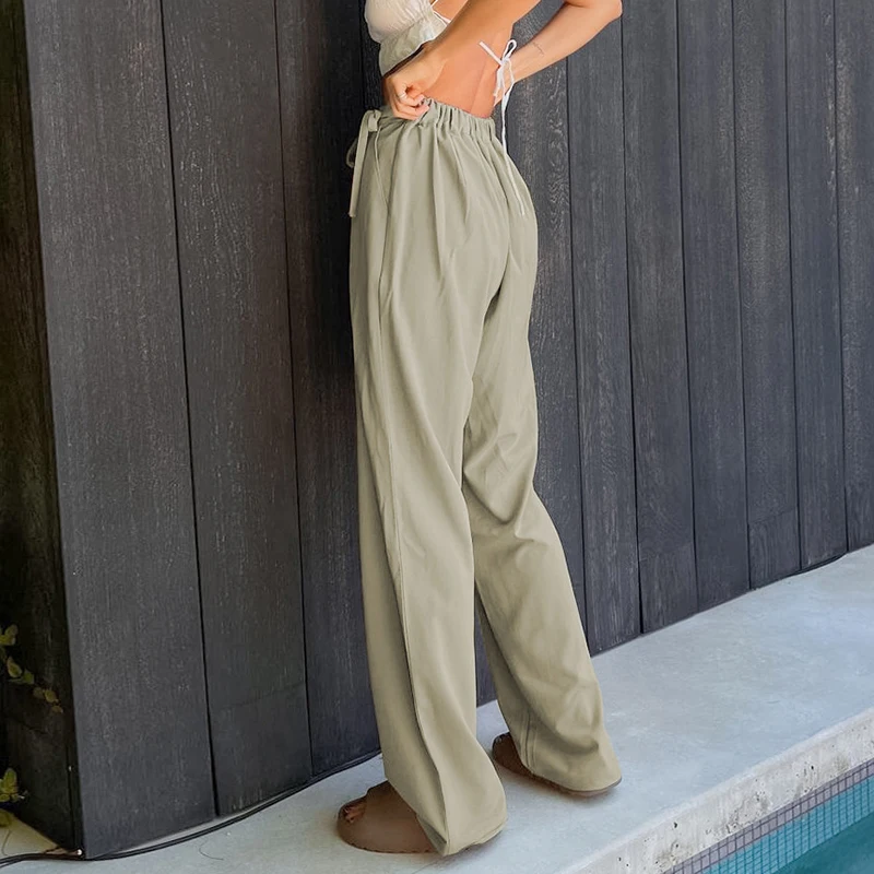

VGH Green Casual Loose Trousers For Women High Waist Lace Up Bowknot Straight Wide Leg Pants Female 2021 Spring Fashion Clothing