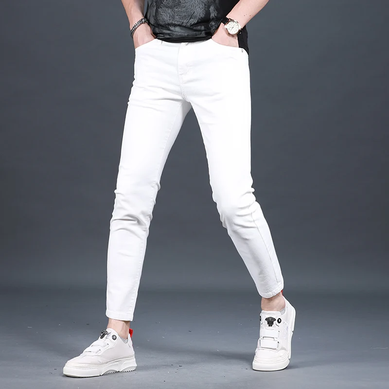 Summer Men's Cotton Stretch White Jeans Korean Style Casual Slim Fit Ankle-Length Pants