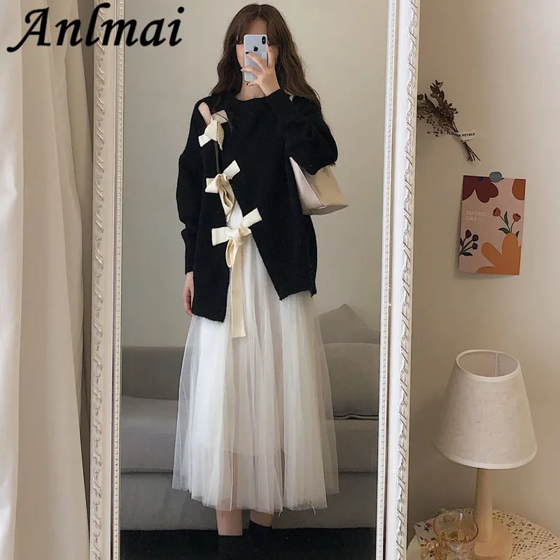 

New Fashion Runway Midi Skirt Sets Women's Long Sleeve Bow Knit Loose Sweater + Pleated Mesh Skirts Two Piece Suit