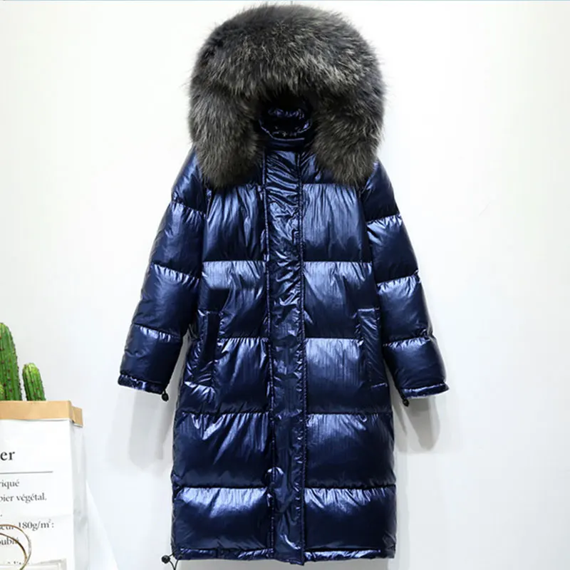 Blue-real fur Зимняя пуховая куртка женская верхняя одежда длинное с капюшоном плотное яркое большое пальто с меховым воротником на белом утином пуху женские куртки 788 - Цвет: Blue-real fur