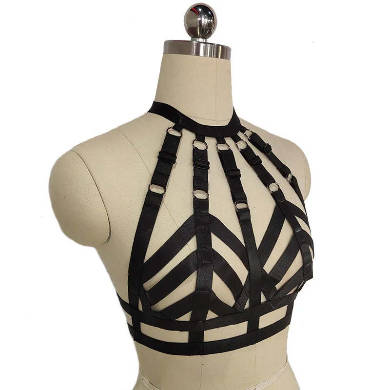 New Women Black Sexy Harness Gothic Tops Cage Bra Garter Belt Round Bondage Harness Lingerie 90s Body Cage Bra Night Clubs Party