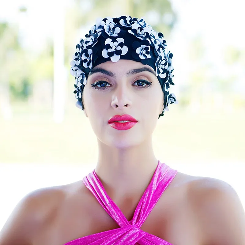 Шапка-тюрбан женская с длинными волосами 3d-шапка для плавания цветами стрейчевая