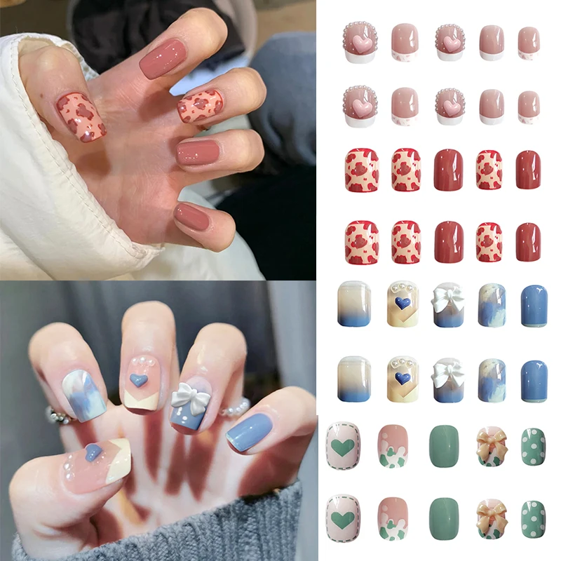 

NEW 24PCS Professional Short Fake Nails Pearl Heart Charms Pink Acrylic Nail Tips Heart Decal Press On Nails Full Cover Manicure