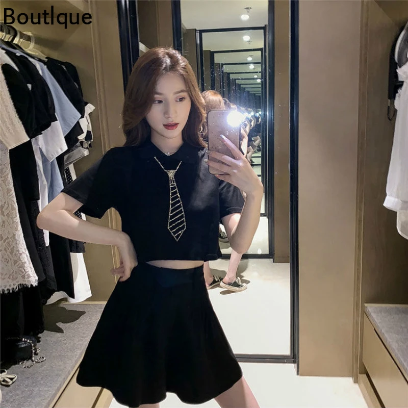 

Women Sets Summer Turn-down Collar Tops Skirts Black Womens Set Slender Elegant Harajuku Simple Students Fashion Chic Rhinestone