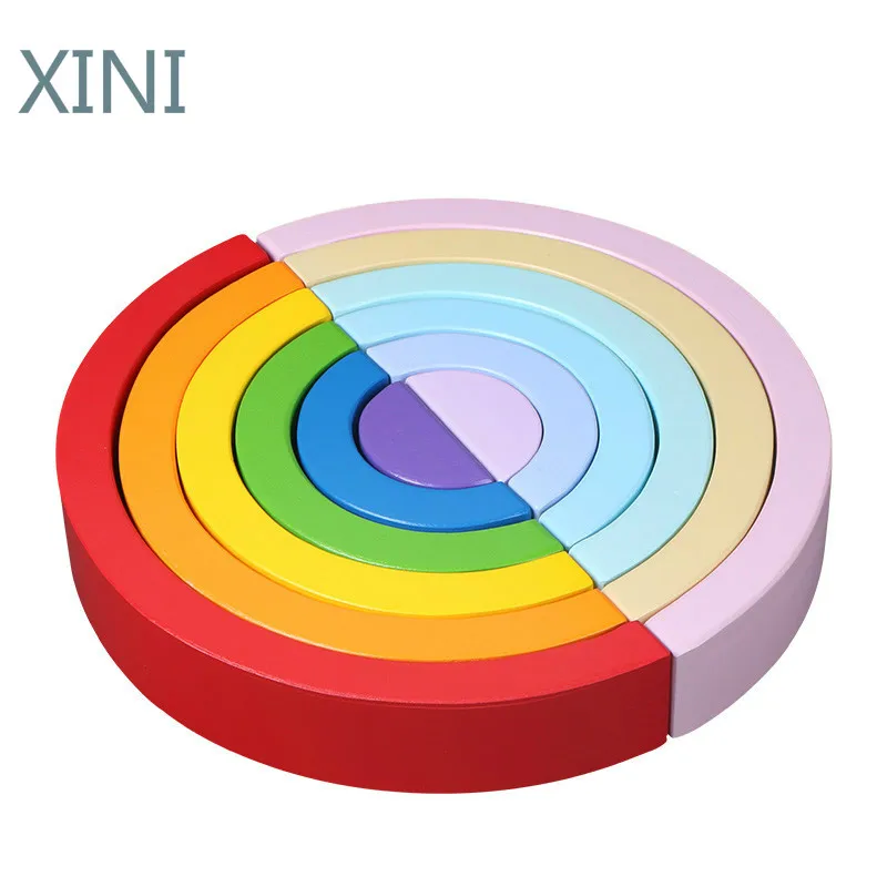 

2021 New Colorful Wood Rainbow Building Blocks Toys Creative Assembling Wooden Blocks Circle Set Educational Toys for Children