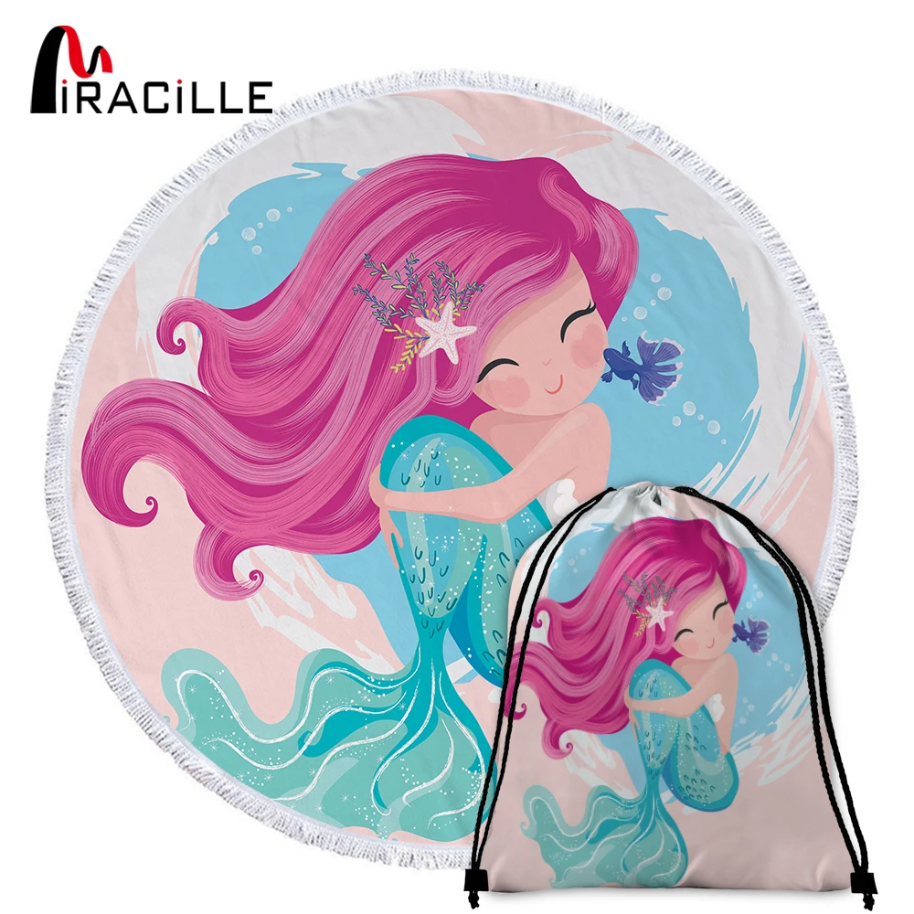 

Miracille Cartoon Mermaid Microfiber Towel Large Round Beach Towel for Adults Kids Summer Toalla Tassel Blanket Tapestry 150cm