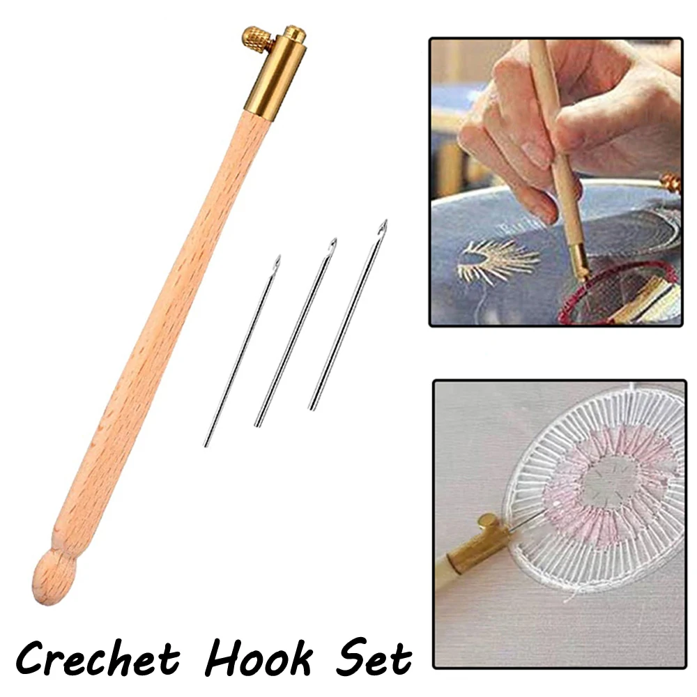 

Embroidery with 3 Needles head Replaceable French wooden handle Crochet set sequin Beading Hoop sewing Craft hook tool kit