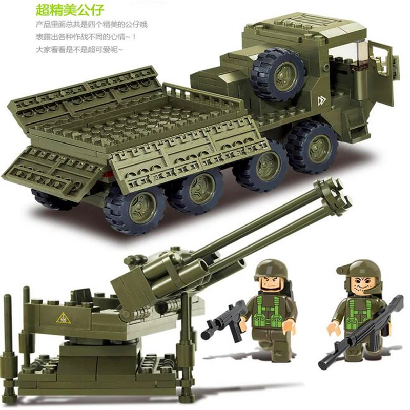 

SLUBAN 306pcs Building Blocks heavy transport truck army antiaircraft artillery Assembled playmobil baby toys Christmas Gift