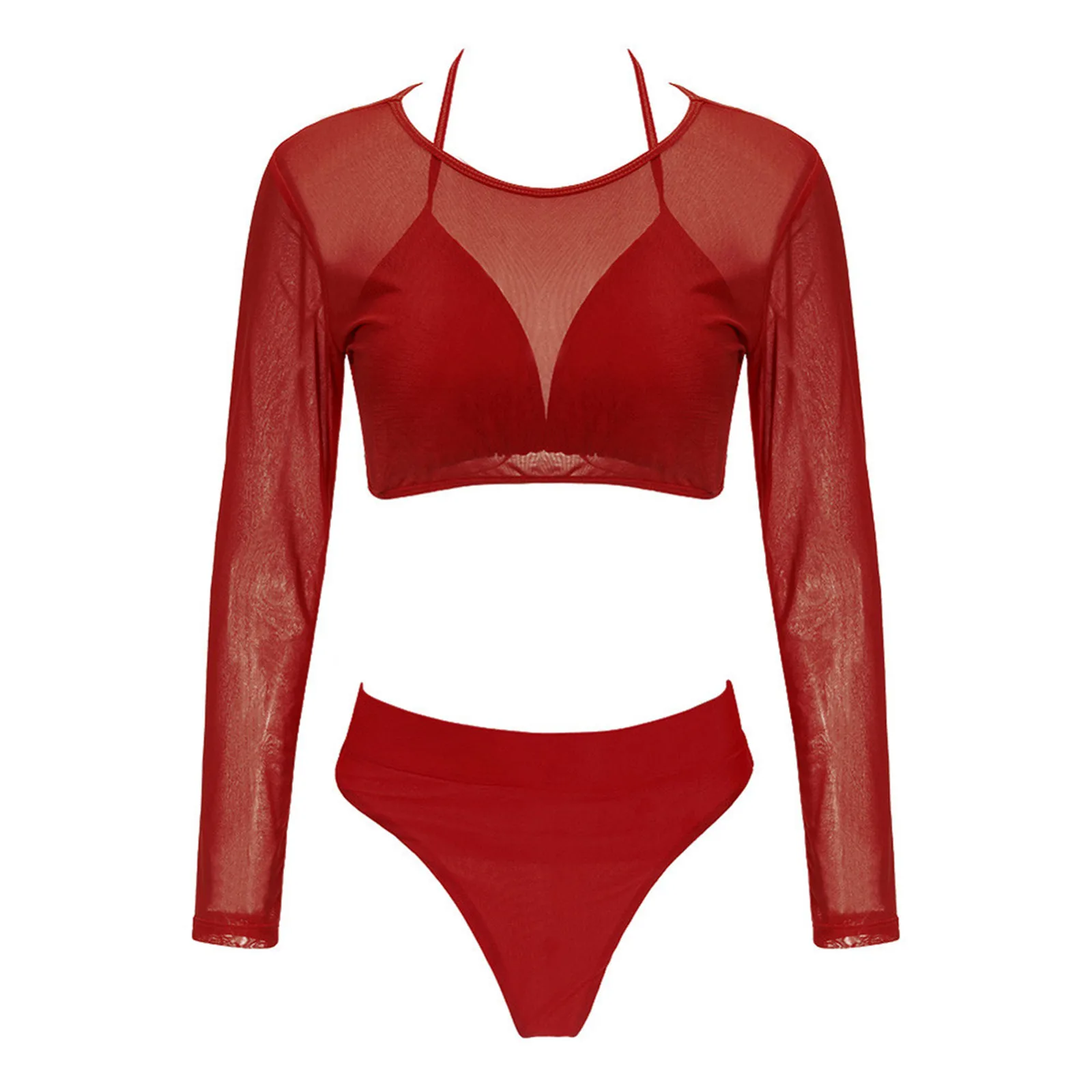 

Three Pieces Swimwear Women 2021 Sexy Bikini Set Brazilian Solid Color Bikinis Long Sleeve Mesh Swimsuits Bathers Bathing Suit