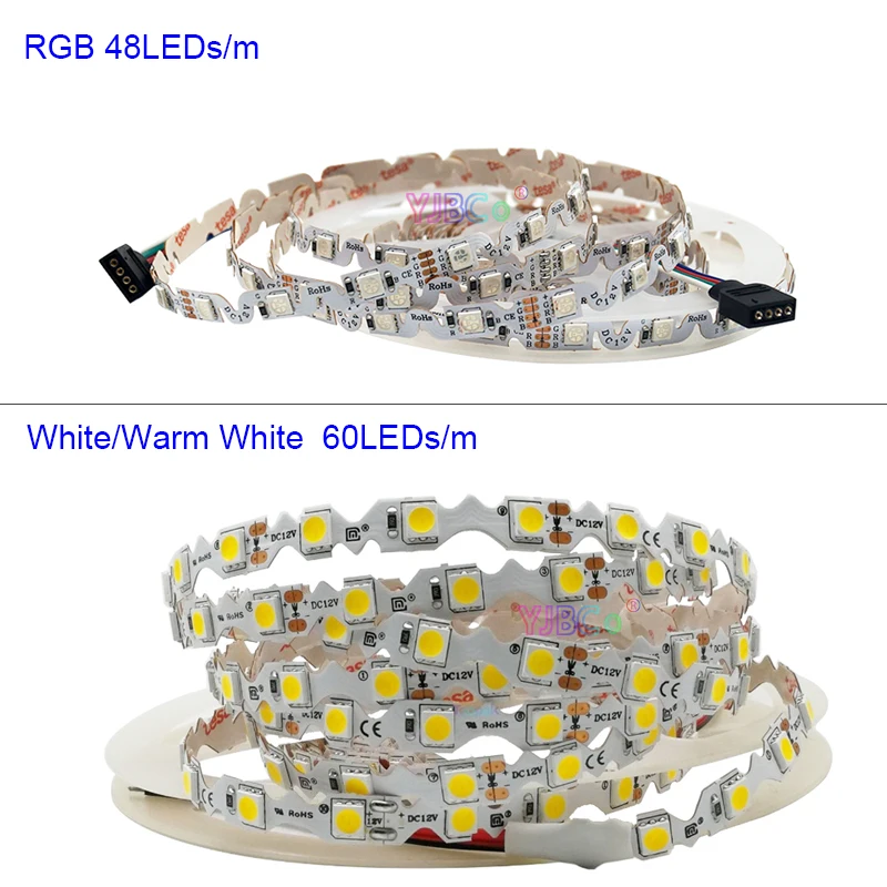 12V 5M S type bendable LED Strip 48leds/m 60leds/m SMD 5050 RGB  White/Warm White Flexible Lights Tape Non waterproof IP20