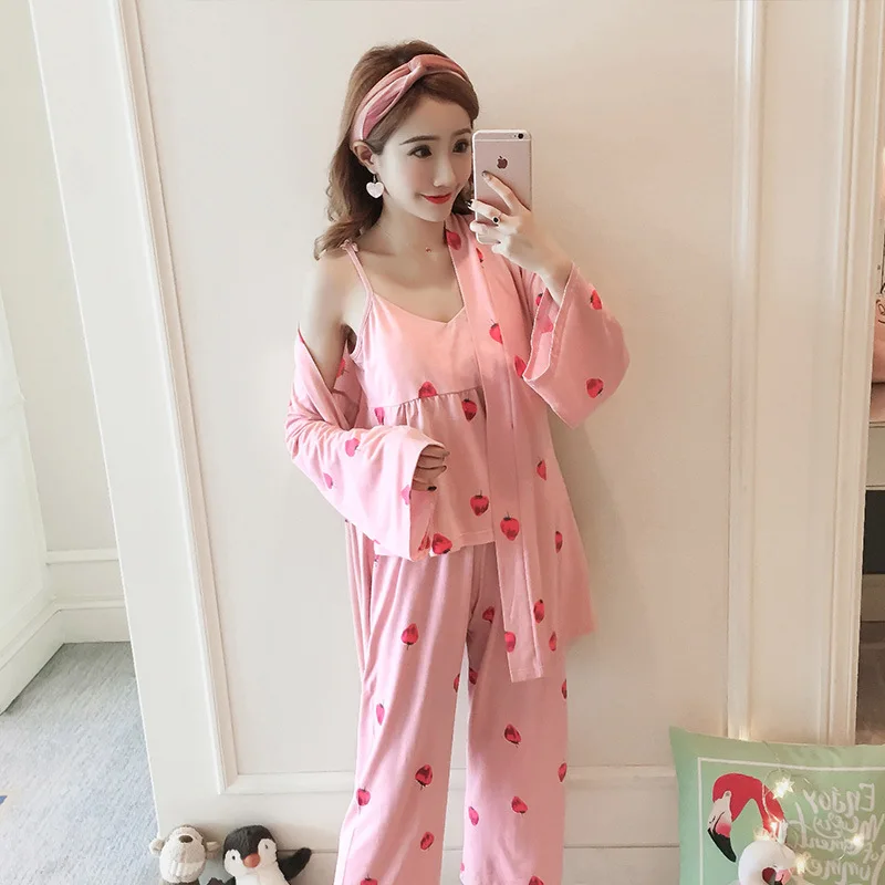 Женские пижамные комплекты из 3 предметов Хлопковая пижама симпатичная Домашняя