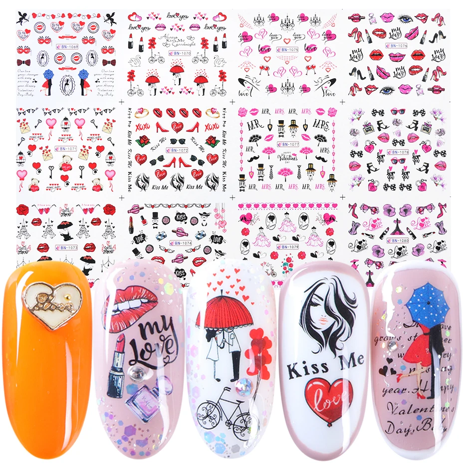 12 видов конструкций наклейки для ногтей на День святого Валентина с изображением