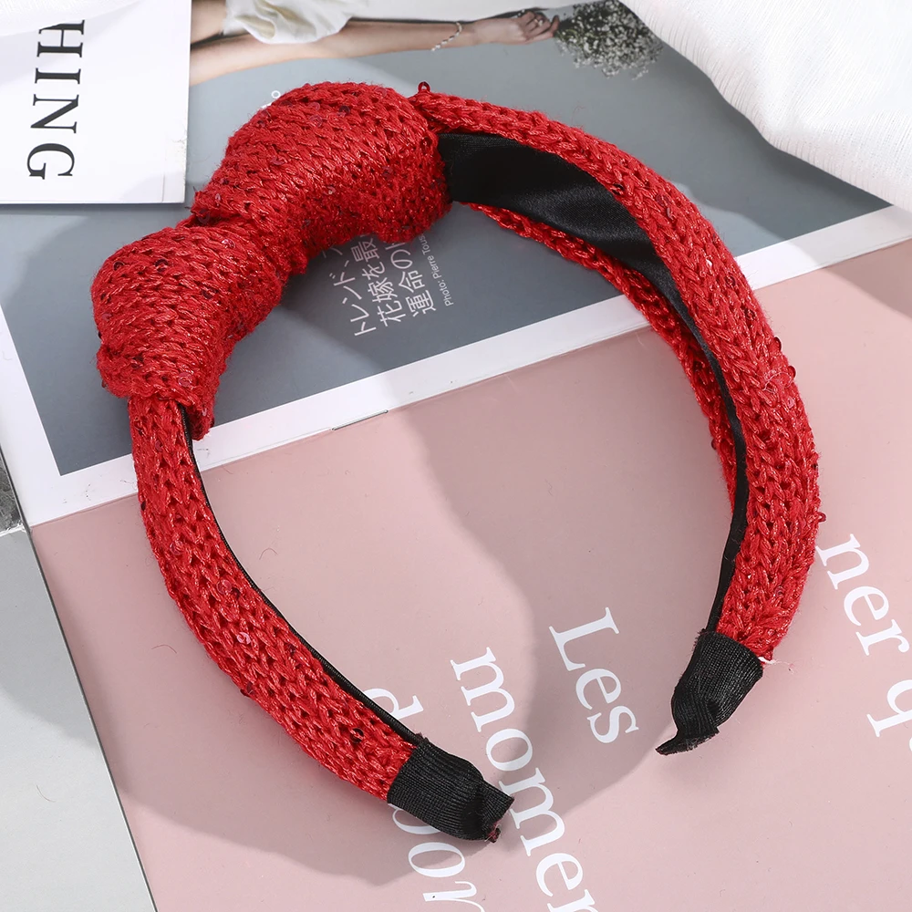 

Haimeikang Double knot Knitting Bezel Hair Hoop For Women Fashion Headband Winter Sequined Hairband Solid Color Hair Accessories