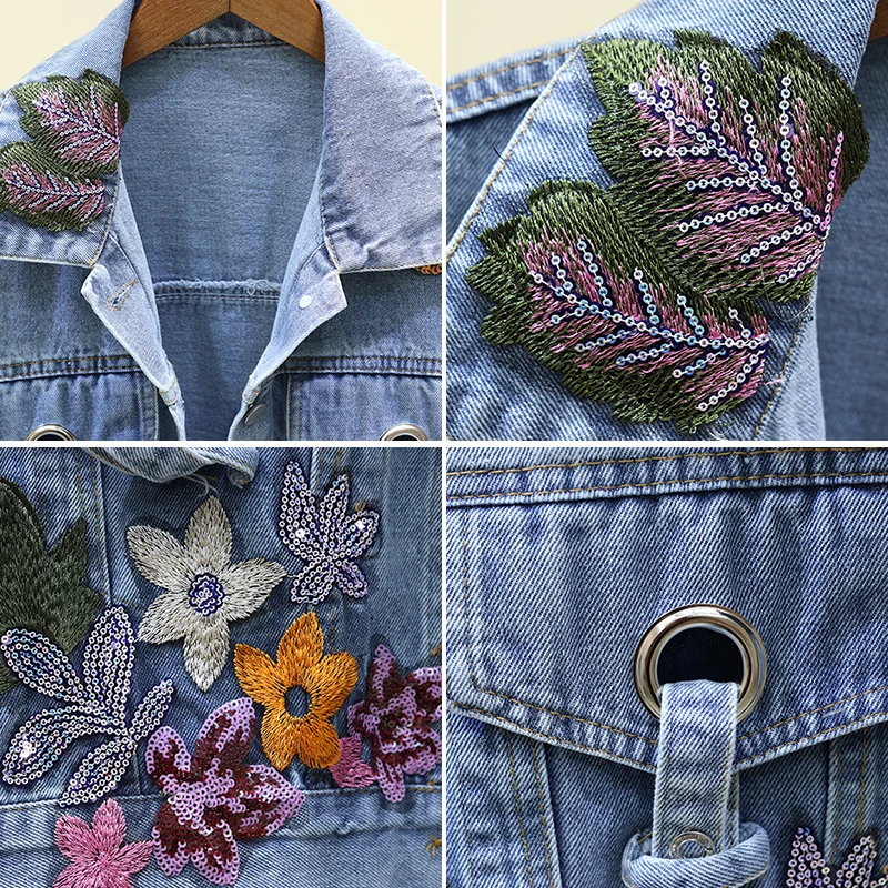 

2020 Autumn Women's Denim Jacket Embroidery Sequined Jeans Jacket Long Sleeve Jaqueta Casual Loose Short Coat Student Streetwear