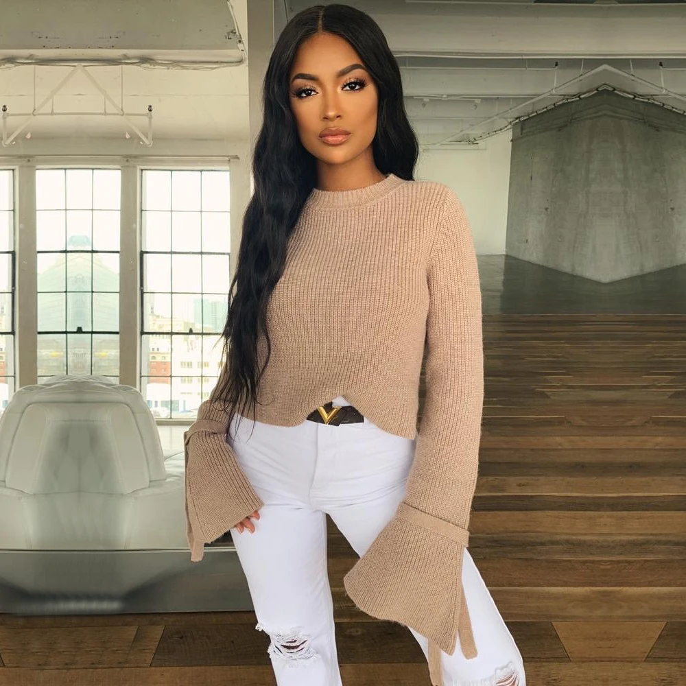 

Women's Autumn Long Sleeve Sweater Round Neck Solid Color Slim Flare Sleeve Lace New Tops, Ladies' Apparel Sweater