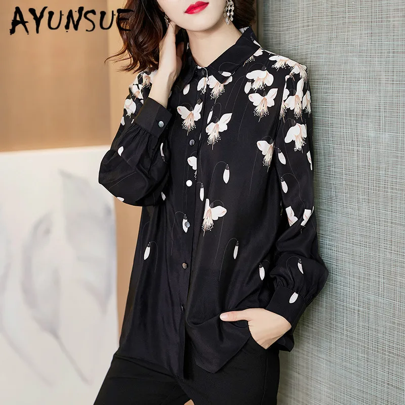 Real Silk Shirt Womens Tops and Blouses Print Women Blouse Spring Autumn Korean Office Lady Clothing Blusas 2020 F1013 YY2607