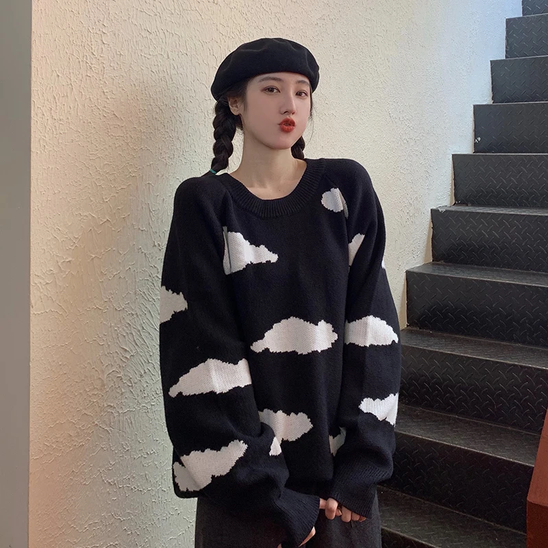 red sweater 2020 Autumn New Pull Jumpers  Korean Cartoon Cloud Women Sweater Chic Causal Oversized Knitted Pullover Tops red cardigan