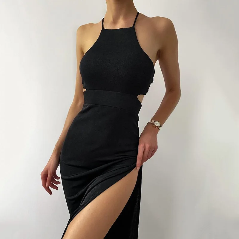 

Summer Sexy Women's Dress Party Elegant Sleeveless Cut Out lace Up Strapped Backless Bodycon Maxi Dress Vintage Vestidos 2021