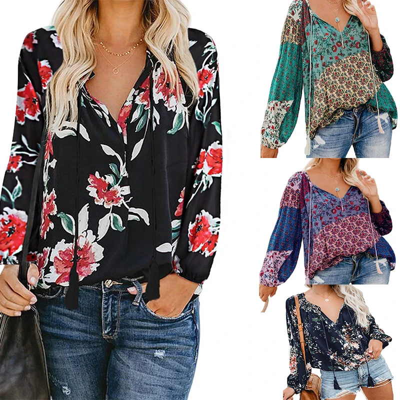 Женская блузка с цветочным принтом V образным вырезом и рукавами
