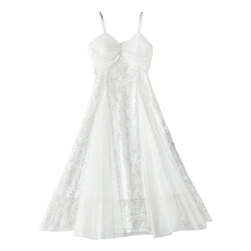 

YIZZHOY New Summer Lady Slim White High Waist A-line Sleeveless Female Long Dress Women Sexy Lace Patchwork Gauze Sling Dress